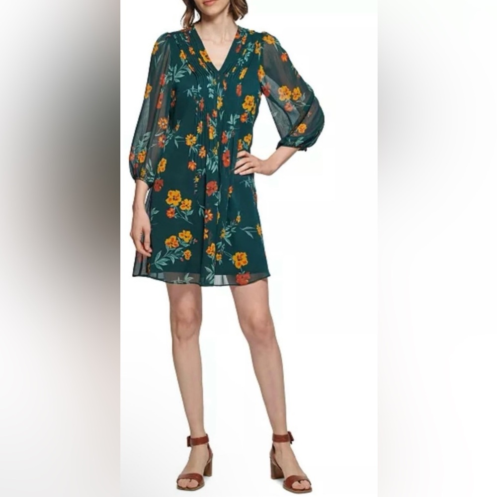 Calvin Klein Green Floral Print Multicolor Chiffon Shift Mini Dress